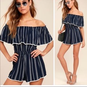 Lulus See Ya There Navy Blue Print Off-the-Shoulder Romper Women's Size Small
